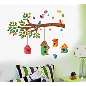 Decals Design ‘ Bird House on a Branch’ Wall Sticker (PVC Vinyl, 70 cm x 25 cm, Multicolour)