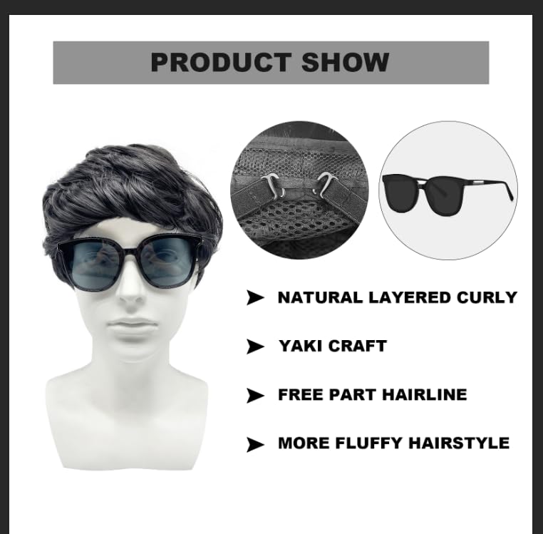 TSHAOUN Mens Short Wig Black Layered Natural Handsome Hair Wig, 70s 80s Disco Short Curly Fluffy Cosplay Wigs - Image 2