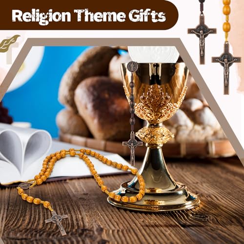 12 Set Wooden Bead Rosary Necklace Catholic Rosary Wood Carved Solid Beads with Jesus Cross Our Father with Velour Gift Pouch Baptism Favors Catholic Gift(Coffee, Wood)4