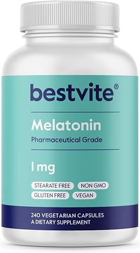BESTVITE Melatonina 1 mg (240 cápsulas vegetarianas), sin estearatos, sin sucralosa, sin dextrosa, sin dióxido de silicona, sin manitol, vegano, sin