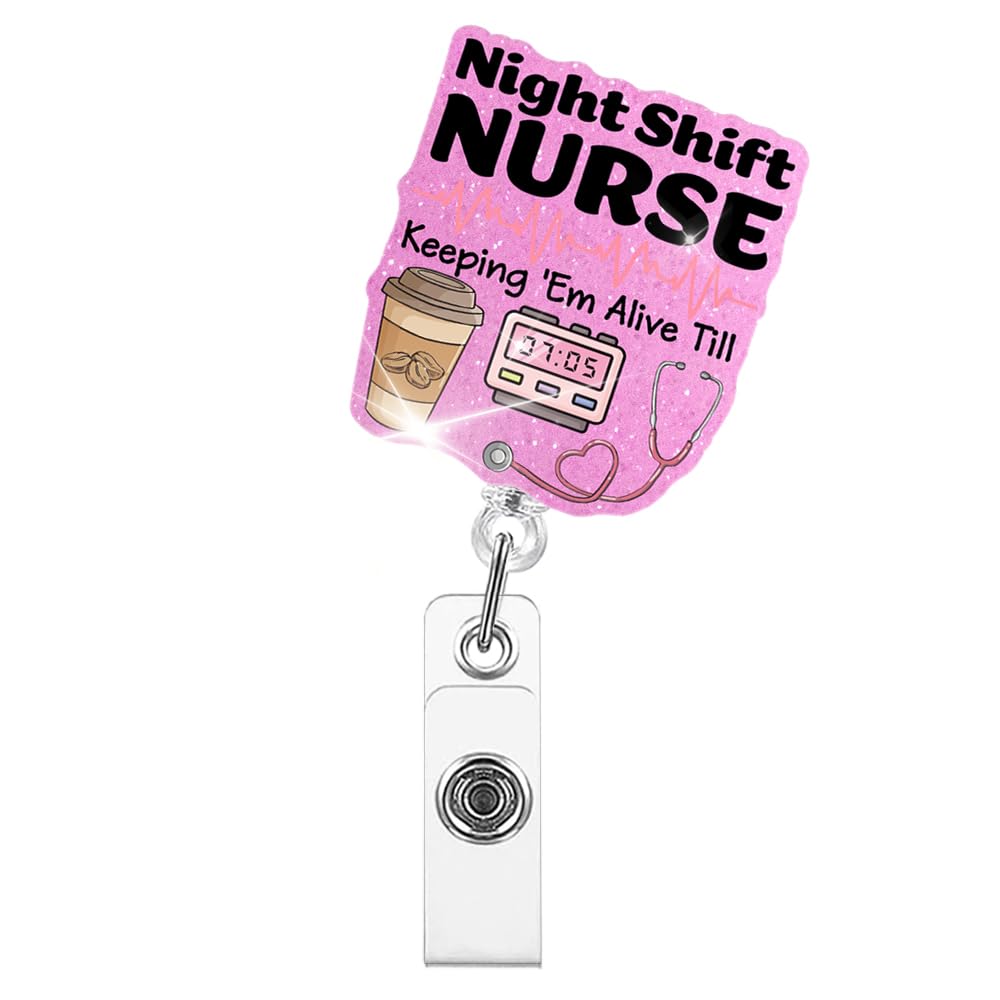 Night Shift Nurse Keeping Em Alive Badge Reels Retractable Glitter with Clip, Funny Badge Holder for Night Shift Nurse Emergency Room Nurse Registered Nurse, Graduation Gifts for Nurse