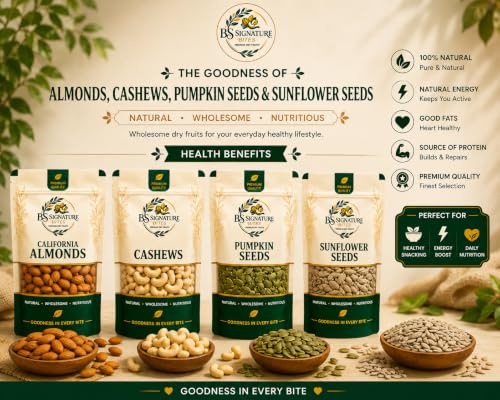 Image of BS SIGNATURE BITES California Almonds, Cashews, Pumpkin Seeds and Sunflower Seeds Combo Pack, 1 kg (4 x 250 g), Whole, No Artificial Colours or Flavours, Chemical Free
