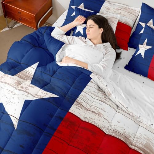 Image of Western Texas Star Comforter Set 7 Piece Bed in a Bag Twin | Vintage American Flag Bedding Sets Cowboys Gifts White Red and Blue Comforter and Sheet Set,Grunge United States Flag Farmhouse Bed Sets