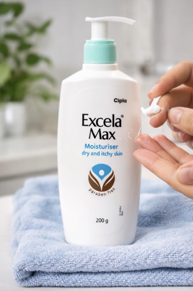 Image of Cipla Excela Max Moisturiser 200 g | Paraben Free | Moisturiser for Dry & Itchy Skin | With Glycerin & Emollients | Daily Skin Care Lotion