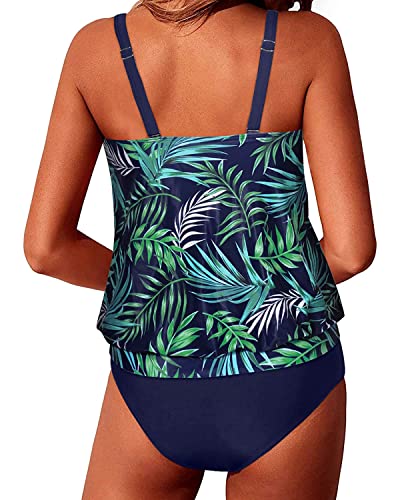 Image of Yonique Women Vintage Chevron 2 Piece Ruched Padded Tankini Set Flyaway Top With Triangle Brief Bottom Bathing Suit