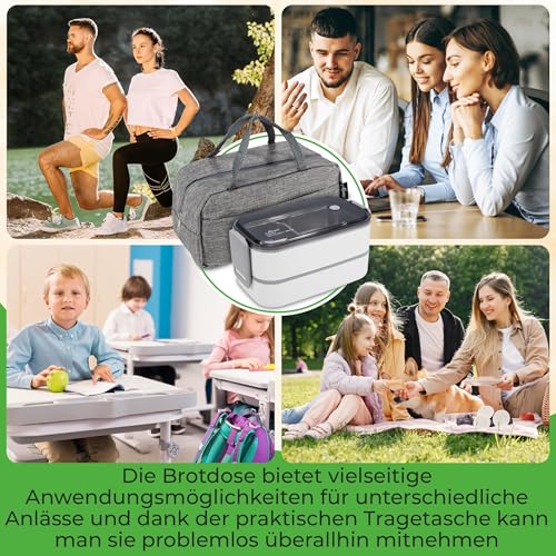Foto von Premium Lunchbox Erwachsene und Kinder inkl. Tragetasche und Besteck Bento box Edelstahl mit Fächern Brotdose Kindergarten Lunch Jausenbox Brotdosen Bananenbox (Weiß)