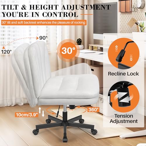 FelixKing Criss Cross Chair with Wheels, Cross Legged Office Chair, Armless Wide Vanity Desk Chair with Comfty Velvet & Back - Swivel Height Ajustable for Home Office Bedroom, Pearl White Velvet