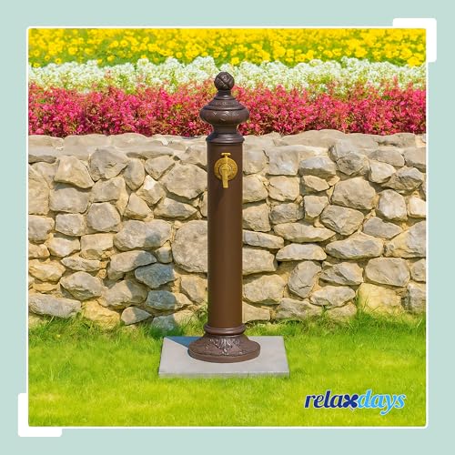 Relaxdays Standbrunnen antik mit Wasserhahn, HxBxT: 87 x 20,5 x 24 cm, Wasserzapfsäule Garten, Bodenbefestigung, braun