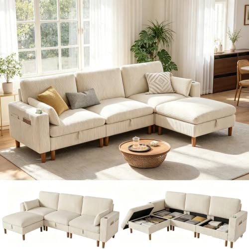 Image of LINSY HOME Cloud Couch 3-Seat Modular Sectional Sofa with Storage, Corduroy Deep Seat Cloud Sofa with Side Pocket & Cup Holder & USB Port for Living Room/Office/Bedroom, Beige