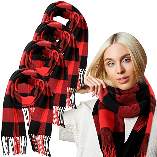 4 Pcs Winter Buffalo Plaid Blanket Scarf For Women Kids Neck Wrap Scarf Bulk Buffalo Black And Red Check Scarves Grid Warm Scarf Soft Chunky Surface For Family Women Men Kid Girl And Boy Dog Xmas #TOP6