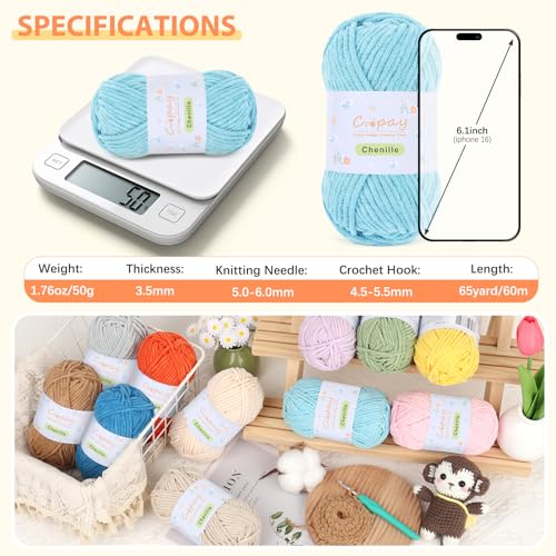 Image of Coopay Chenille Yarn for Crocheting, 8 Pack Medium Weight Yarn - CYC #4 - Total 520yd, Soft Crochet Yarns for Plush Toys, Blankets, Scarves (Blue)