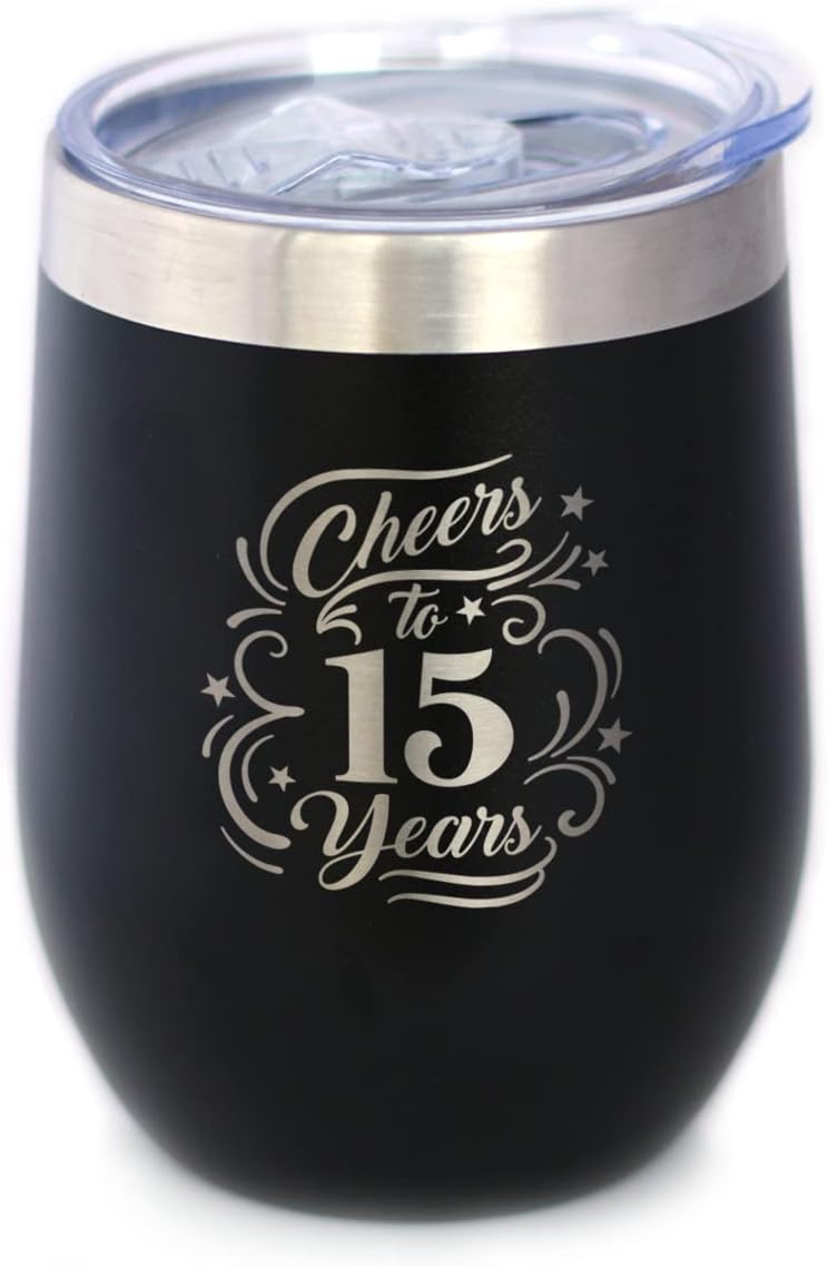 Cheers to 15 Years - Wine Tumbler Glass with Sliding Lid - Stainless Steel Insulated Mug - Gift for 15th Anniversary - Black