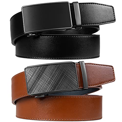 Image of Founders & C Mens Belt 2 Pack,Leather Ratchet Click Belt Dress with Slide Buckle 1 3 /8 inch in Gift Set Box- Size Adjustable