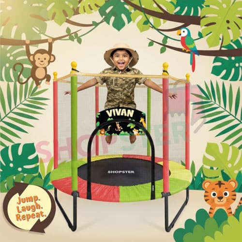 Image of Shopster 55-Inch Kids Personalized Round Trampoline with Safety Enclosure Net - Padded Spring Cover, Durable Steel Frame, Indoor /Outdoor Use, Supports Up to 120 kg - Multicolor