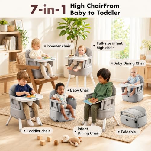 Image of 7-in-1 Convertible Baby High Chair for Baby and Toddler, Portable Travel High Chair Grow with Baby with Adjustable Height & Tray, Easy-Clean Seat, Anti-Tip Safe Frame, Supports 33 lbs, Space Gray