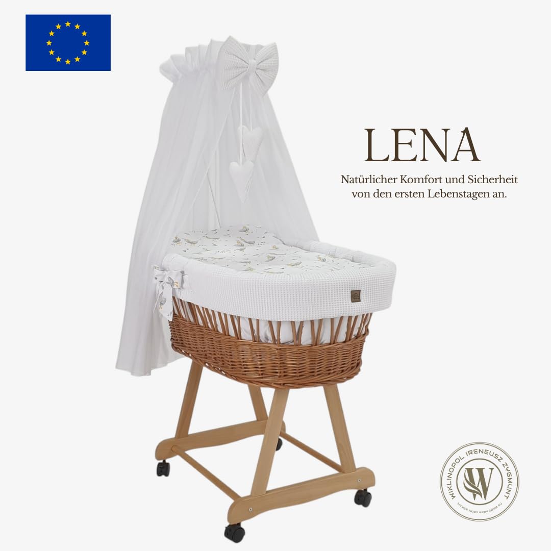 kosz Mojżesza z baldachimem Lena – wózek wiklinowy z wikliny ze stelażem – kosz dla niemowląt w kolorze naturalnym, kompletny zestaw z 5-częściową pościelą waflową pisklęta białe – z