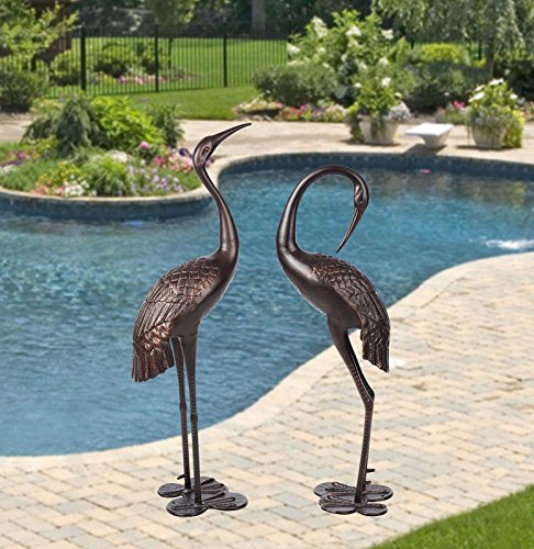 Westcharm Cast Aluminum Cranes for Yard Garden Sculpture Pair Statue - Upright and Preening Standing Crane Heron Couple Sculpture Set, Bronze