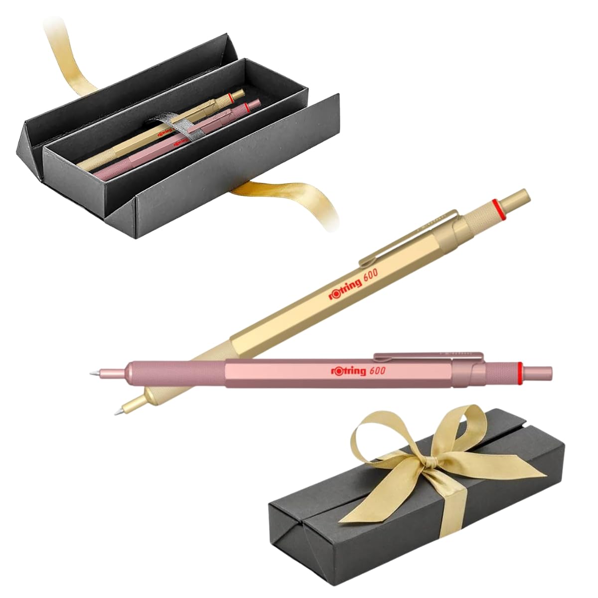 rOtring 600 Ballpoint Pen Gift Set - Luxury Gold & Rose Gold Metal Pens, Black Ink - Professional Hexagonal Design, Non-Slip Grip - Premium Stationery Gift Box for Architects, Engineers & Executives