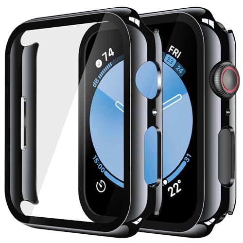Image of Misxi 2 Pack Tempered Glass Case Compatible for Apple Watch SE 3 (2025) SE 2 SE Series 6 Series 5 Series 4 44mm, Hard PC Screen Protector Overall Protection Cover for iWatch, Jet Black