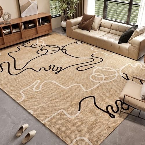 Tapis à rayures abstrait grand format beige lavable salon YHT027 - 2