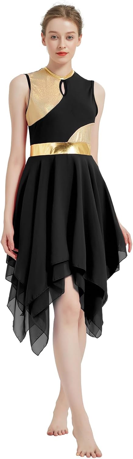 Women's Praise Dance Overlays Dress Tunic Metallic Color Block Sleeveless Irregular Hem Worship Lyrical Dance Dress - Image 4