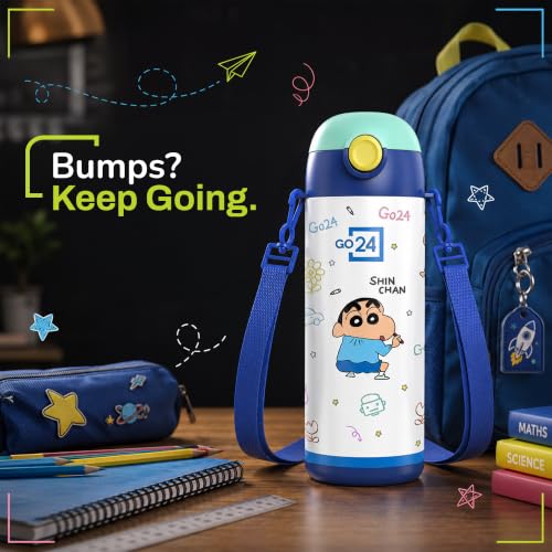 Image of Go24 pexpo Crayon Shinchan ISI Certified Stainless Steel Water Bottle for Kids - 300ml | Hot & Cold Vacuum Insulated Flask | Leak Proof | Carry Strap | School, Picnic - Denim Blue Little Artist