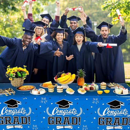 Image of Staraise 2025 Graduation Decorations 3 Pcs Graduation Tablecloth - Blue Congrats Grad Table Cloth for Class of 2025,Disposable Plastic Rectangle Grad Table Cover for Party Supplies,51.2x86.6inch