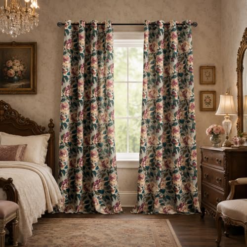 Image of ALIGOGO Printed Botanical Curtains 96 Inches Long - 70s Two Pages Floral Curtains for Dining Room, Retro Spring Peony Leaf Light Filtering Linen Drapes Grommet Top, 50 x 96 Inches, Green & Beige