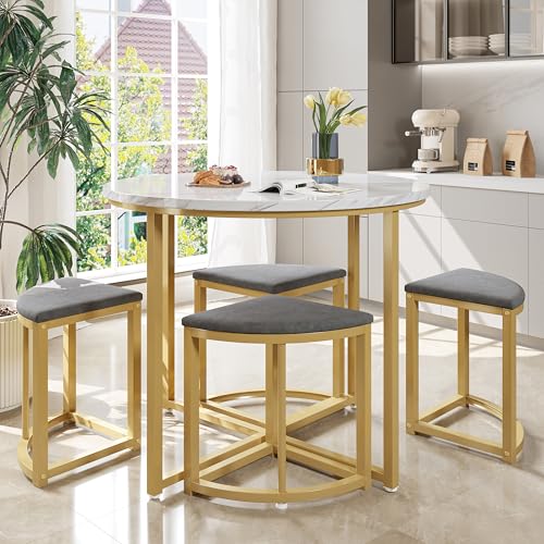 Juego de comedor moderno – Mesa de comedor redonda con 4 sillas, tablero de fibra de densidad media con marco de metal dorado, tapizado de terciopelo, ahorra espacio y es estable para la cocina o el