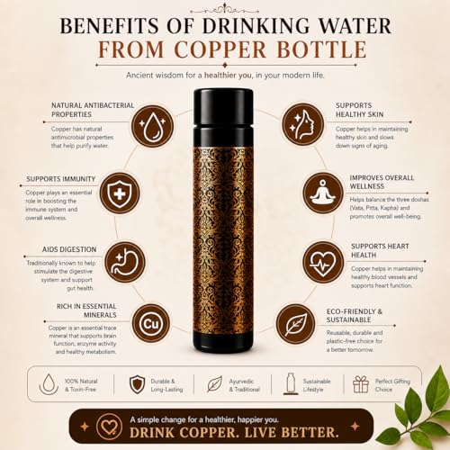 Image of Kin-Kart Pure Copper Water Bottle 1 Liter | 99.99% Leak Proof Ayurvedic Health Bottle | Eco-Friendly Drinking Bottle Boosts Immunity & Digestion Antique Design (ANTIQUE, COPPER)