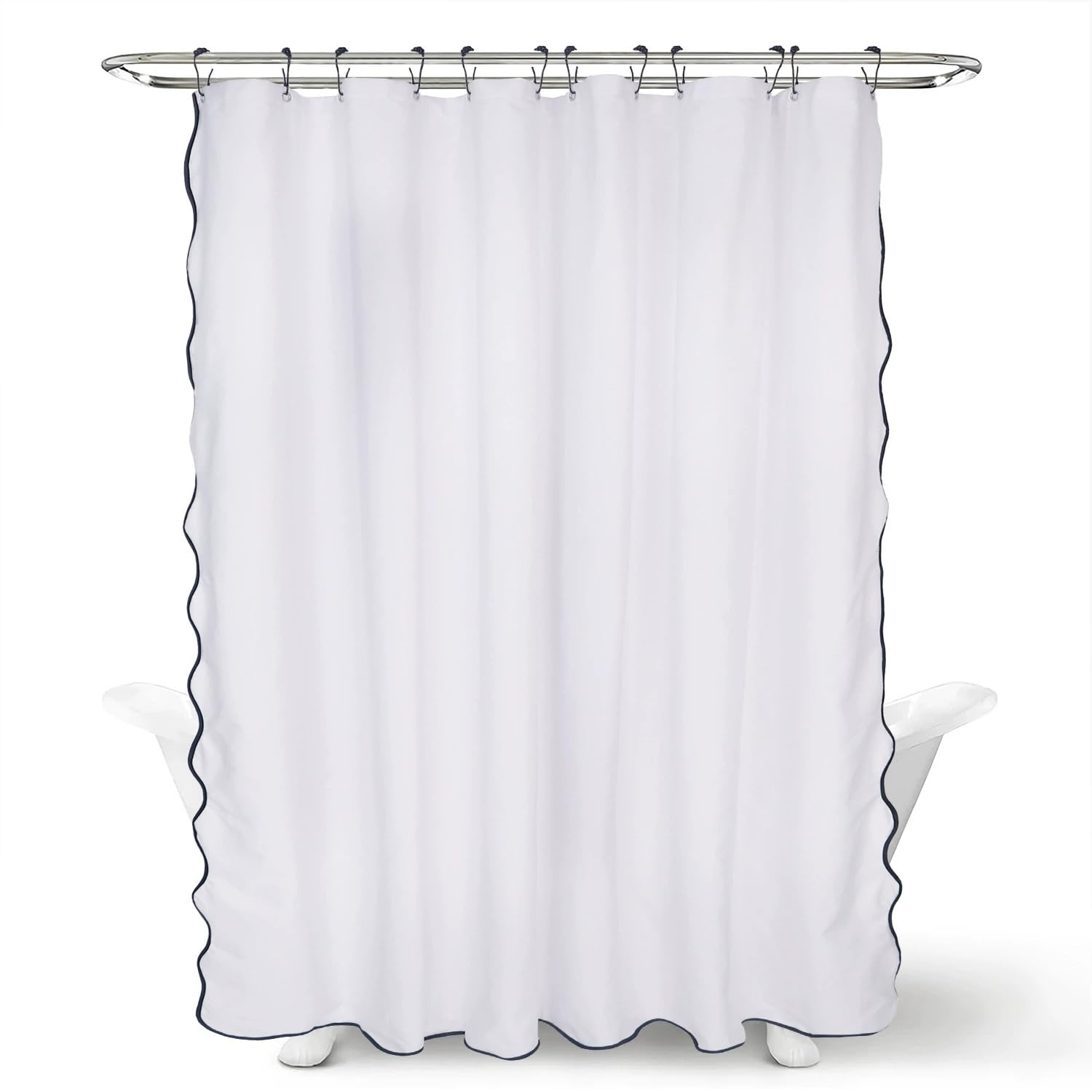Scalloped Bathroom Shower Curtain Linen Textured with 12 Plastic Hooks