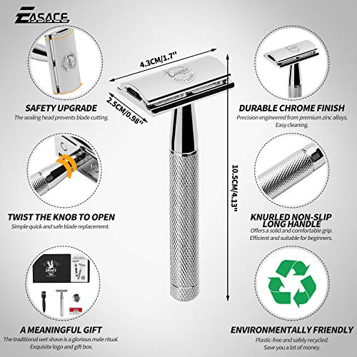 EASACE Long Handle Double Edge Safety Razor Razors for Men Women Wet Shaving Kit+1 Stand+1 Shaver Cleaning Brush+10 Stainless Steel Double Edge Safety Razor Blades+1 Delicate Box（Silver） - Thumbnail 3