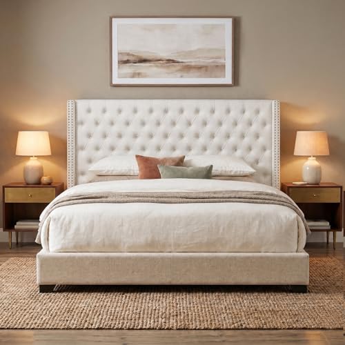 Image of Madison Park Queen Wingback Upholstered Tufted Headboard, Featuring High-Density Sponge Padding, Adjustable Height Headboard, Easy Assembly, Beige Velvet