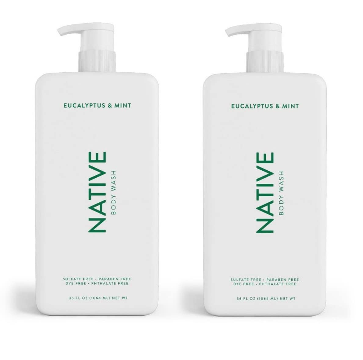 Native Body Wash for Women, Men | Sulfate Free, Paraben Free, Dye Free, with Naturally Derived Clean Ingredients, 36 oz bottle with pump- 2 Pack (Eucalyptus & Mint), 72.0 Fl Oz