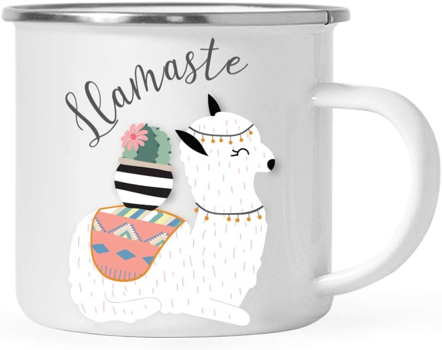 Andaz Press 11oz. Llama Alpaca Themed Funny Pun Stainless Steel Campfire Coffee Mug Gag Gift, Colorful Boho Llama Graphic, Llamaste, 1-Pack, Enamel Camping Cup Birthday Christmas Ideas, Yoga Llama Pun