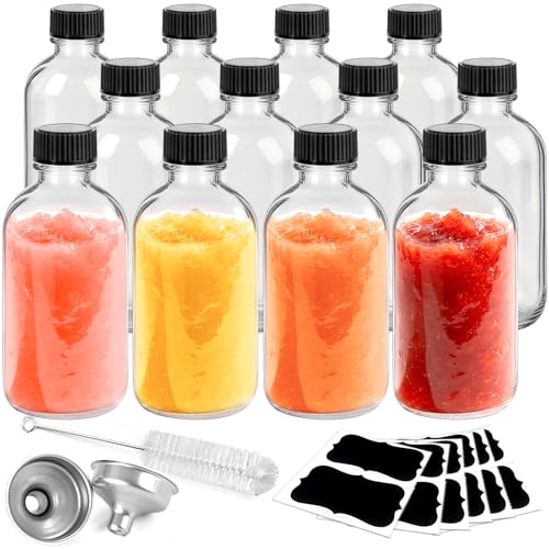 ztarraum 12 Pack 60ml Glass Ginger Shot Bottles with Lids - Dishwasher Safe Mini Juice Jars - Reusable Set with 1 Funnel 1 Brush & 12 Labels