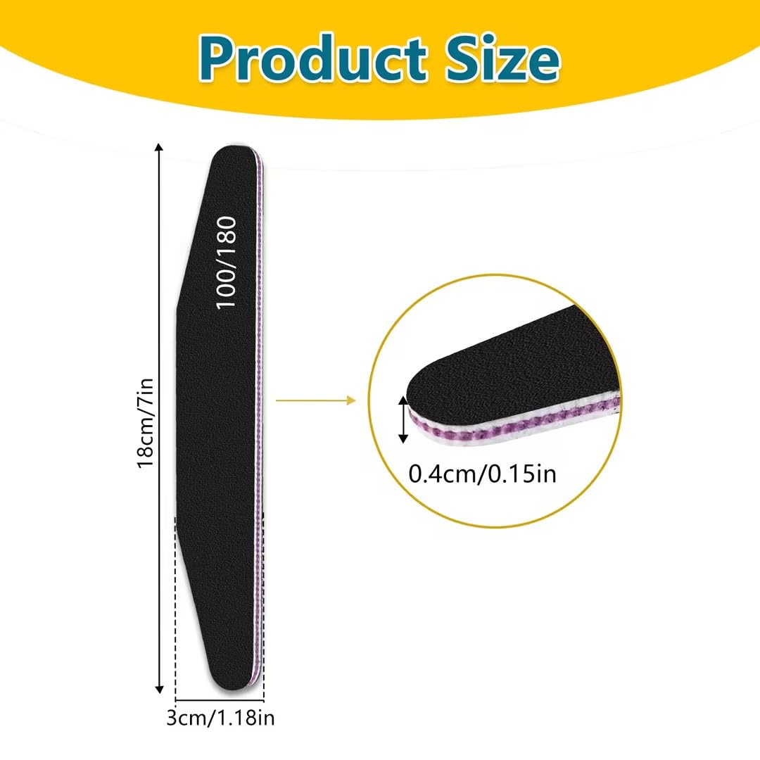 elzle 10 Pezzi Lime per Unghie Professionali, Lima per Unghie 100/180 Doppia Faccia con Mezza Luna Bilaterale, Set per Cura Unghie Lavabile Strumenti Manicure (Nero)