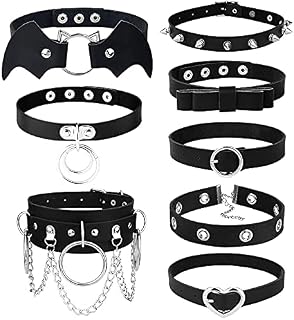 LOLIAS 8Pcs Women's PU Leather Gothic Choker Necklace Set Punk Chain Clavicle Black Leather Choker Sexy Spike Necklace Rock Belt Love Heart Choker Adjustable Collar Choker Cosplayer Halloween Costumes
