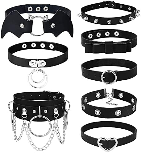 LOLIAS 8Pcs Women's PU Leather Gothic Choker Necklace Set Punk Chain Clavicle Black Leather Choker Sexy Spike Necklace Rock Belt Love Heart Choker Adjustable Collar Choker Cosplayer Halloween Costumes