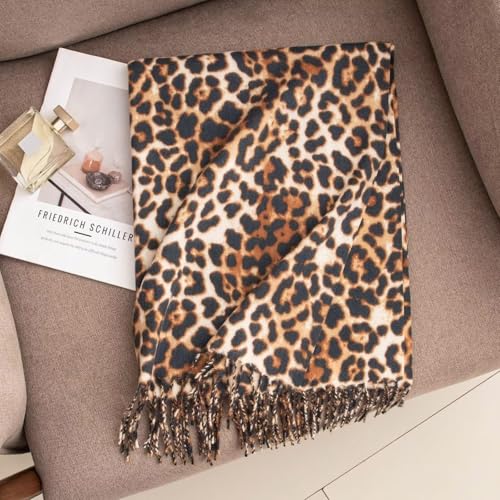 Women Cheetah Pashmina Winter Warm Cashmere Scarf Soft Long Tassels Oversize Chunky Shawl Scarves Wraps2