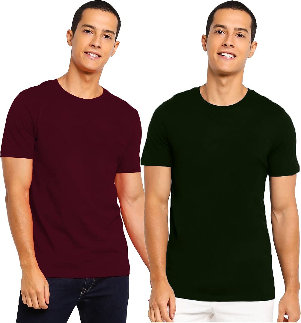 Mebadass Men's Regular Fit Plain Cotton T-Shirt(Combo Pack of 2)-Wine Magenta & Mustard Yellow