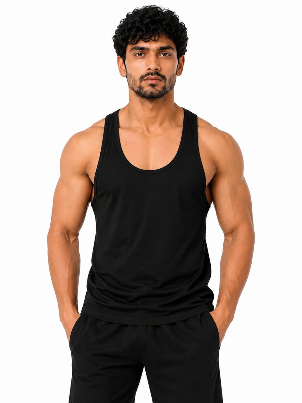 Men's Black Racerback Gym Tank Top, Sleeveless Workout Vest-picture-20
