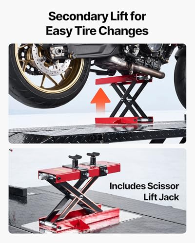 Image of VEVOR Motorcycle Lift Table, 1500 lbs Capacity, Electric Hydraulic Pump with Scissor Lift Jack, Wheel Chock, 9.05 inch-41.73 inch Height, 78.3 inch x 50.4 inch Extra-Wide Heavy Duty Repair Stand for ATV, Dirt Bike