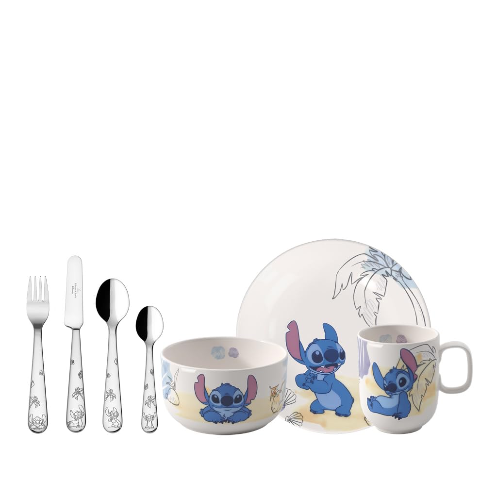 Villeroy & Boch – Disney Stitch zestaw naczyń dla dzieci, 7 el., można myć w zmywarce, można używać w kuchence mikrofalowej, naczynia i sztućce dla dzieci, porcelana Premium