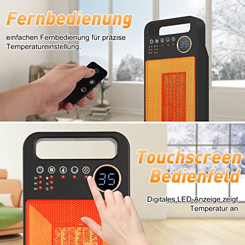 Verwarmingsventilator met afstandsbediening, energiebesparend, stil, 2000 W, keramische ventilatorkachel, badkamer, snelverwarming met oscillatie, timing, omvalbeveiliging, oververhittingsbeveiliging, 2 verwarmingsniveaus, verwarming voor thuis en op kantoor - Afbeelding 7