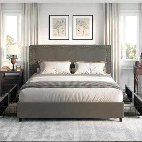 Image of VECELO Queen Size Upholstered Bed Frame with 4 Storage Drawers, Adjustable Velvet Rivet Decor Headboard, Wooden Slats Platform Support, No Box Spring Needed, Easy Assembly,Dark Grey