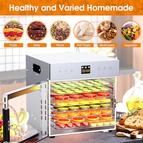 Dehydrators for Jerky, 8 Stainless Steel Trays, 600W Fruit Dehydrator, 24H Timer and 190°F Temperature Control, Overheat Protection, Food Dryer for Jerky, Herbs, Fruit, Dog Treats