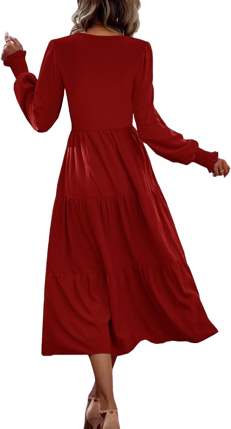 Womens Flutter Long Sleeve Smocked Tiered Nursing Dress for Breastfeeding with Pockets - Image 2