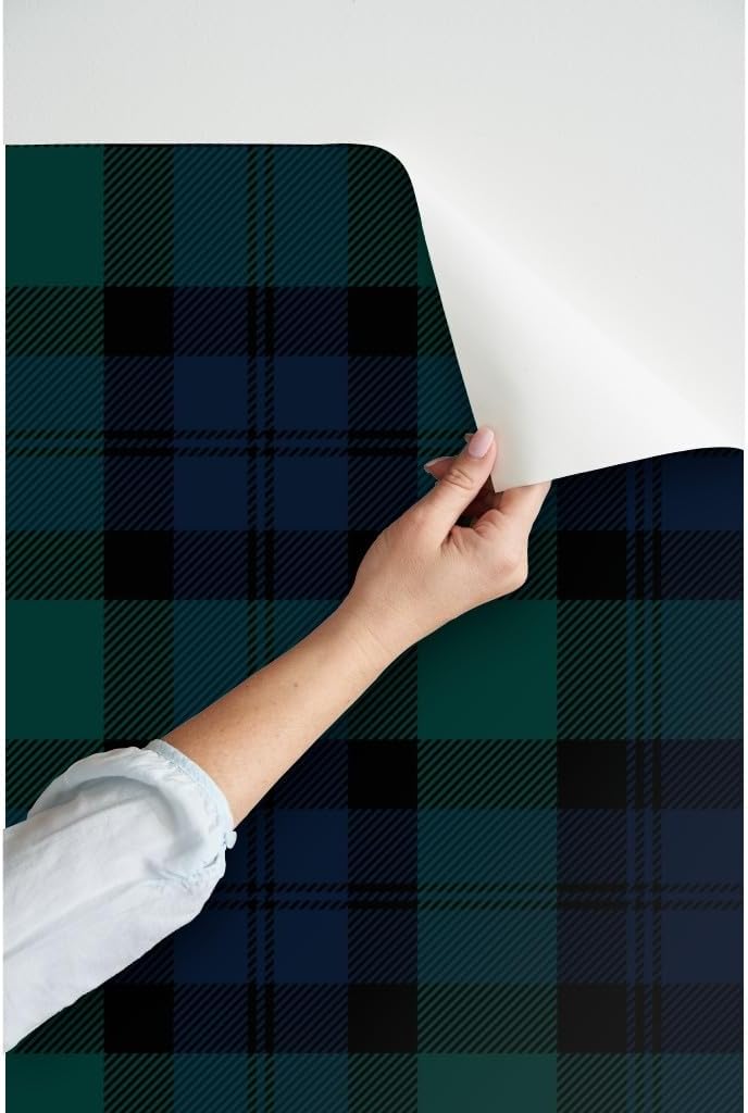 Peel & Stick Wallpaper Swatch - Dark Tartan Traditional Plaid Large Scale Green Classic Black Custom Removable Wallpaper by Spoonflower