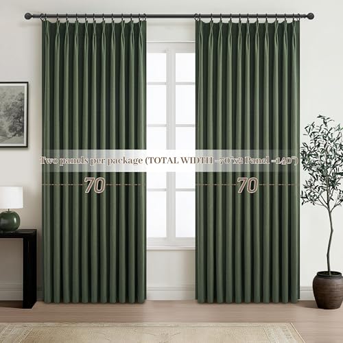 Image of Curtains 70 Inch Length Extra Wide Pinch Pleated Blackout Curtain for Sliding Glass Door /Living Room, Farmhouse Olive Green Thick Heavy Duty Insulated Large Window Drapes (70 inchWx90 inchLx2Panels Loden)